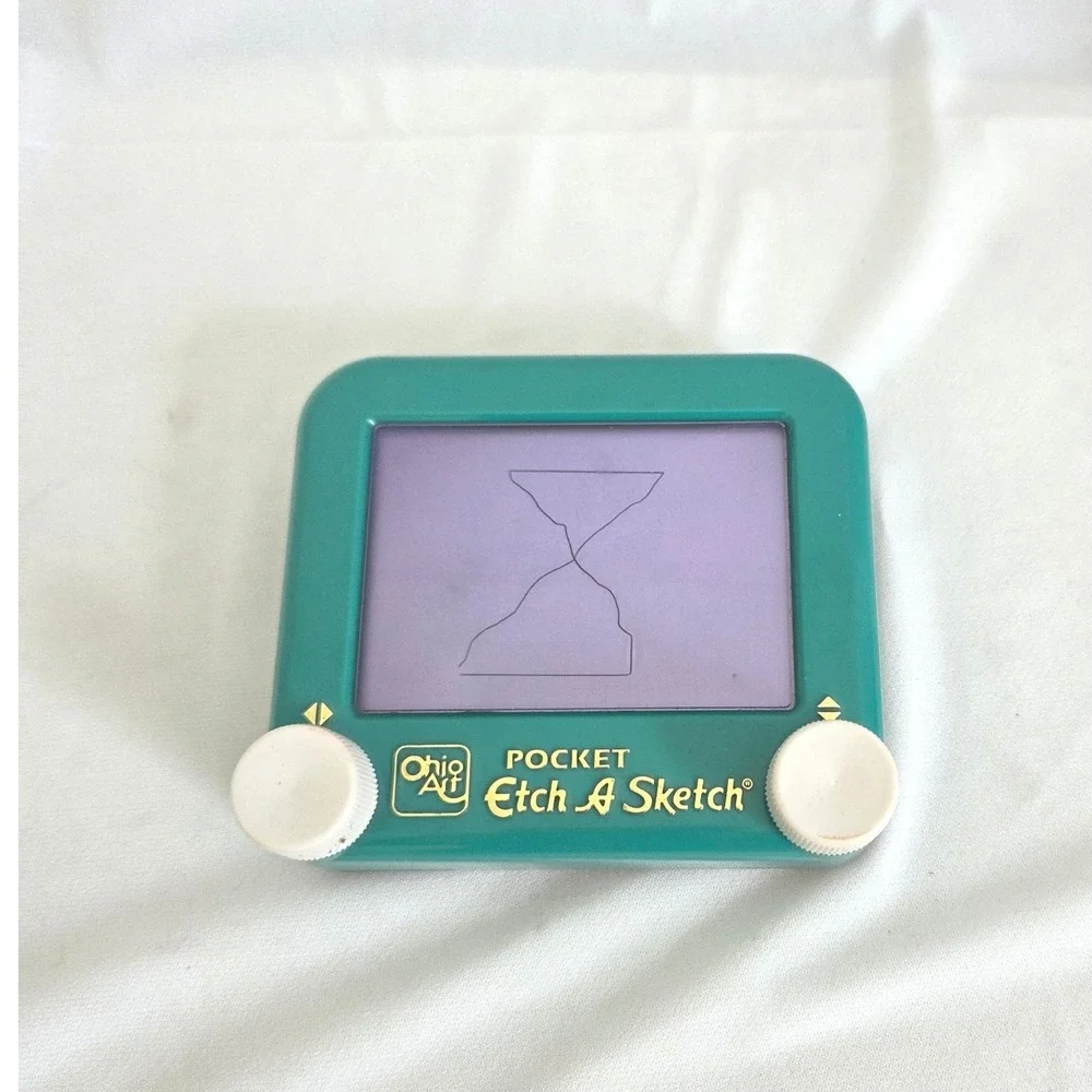 Vintage Pocket Etch A Sketch Teal Green Travel Drawing Toy Retro